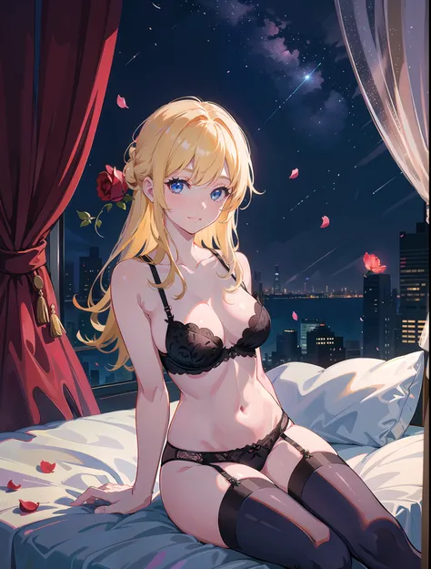 1girl, arm support, babydoll, bangs,bare shoulders, bed, bed sheet,
bedroom, black legwear, blonde hair,blue eyes, blush, breasts, city lights,
cityscape, cleavage, collarbone, curtains,falling petals, flower, garter straps,
indoors, jean (genshin impac...