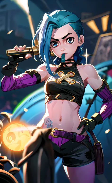 jinx \(arcane\), 1girl, combat position, long hair, two braids, tattoos on the body, clouds print, belt, jinx's main weapon is h...