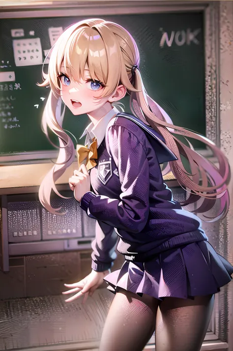 blonde medium long hair, anime illustration, two-dimensional, tsundere, school uniform, classroom