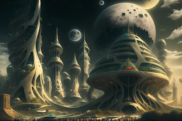 there is a large futuristic masterpiece arabian palace in the middle of a futuristic arabian city with a moon, in fantasy sci - ...