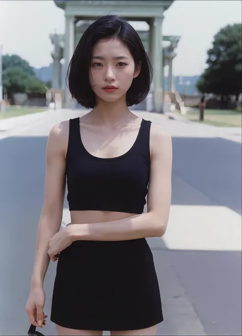 1 woman, black shorthair,tanktop, mini skirt, movie still, 30mm lens, polaroid, analog photo, vhs, lomo, masterpiece, best quali...