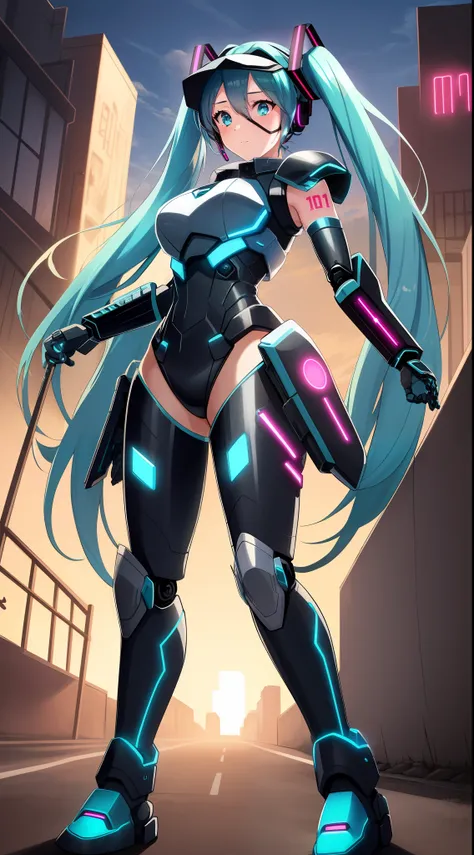 1girl, solo, (hatsune miku), aqua hair, aqua eyes, twintails, heavy cybernetic boots, heavy cybernetic gauntlets, heavy cybernetic leotard, (heavy cybernetic visor:1.1), cybernetic face mask, cybernetic armor plating, mechanical parts, determined, glowing ...