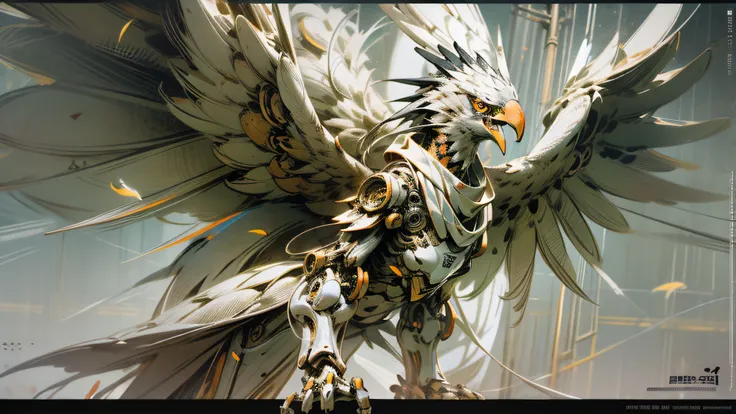 Mechanical eagle with wings spread, eagle in net armor, (((eagle))), ((bilateral symmetry))), mechanical feathers, plus part reelmech tube with bone and shell, red biomechanical details, highly realistic concept art, film quality monocular camera photo qua...