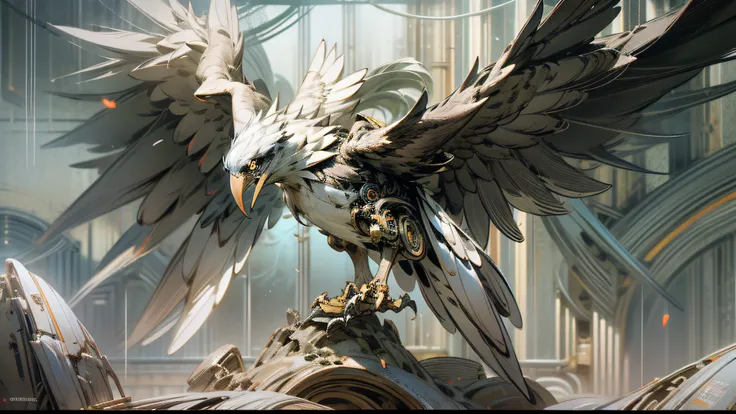 mechanical eagle with wings spread, eagle in net armor, (((eagle))), ((bilateral symmetry))), mechanical feathers, plus part ree...