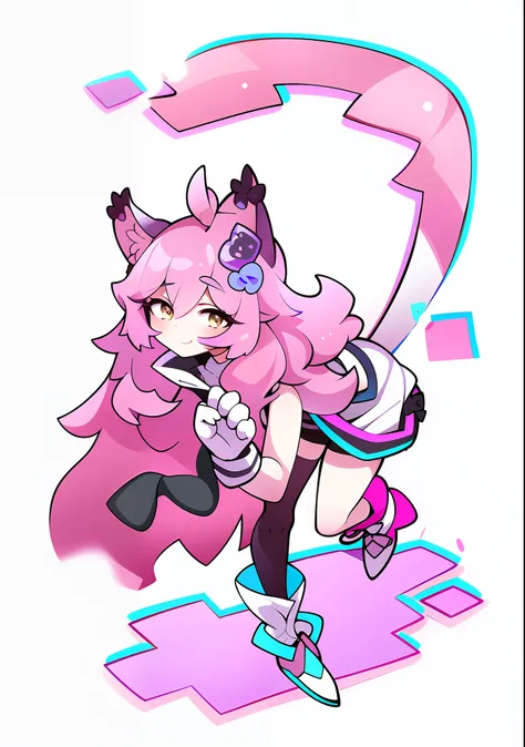 1 kawaii anime girl with cat ears and cat tail with purple and white hair