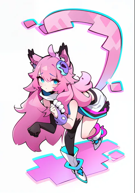 1 kawaii anime girl with cat ears and cat tail with purple and white hair