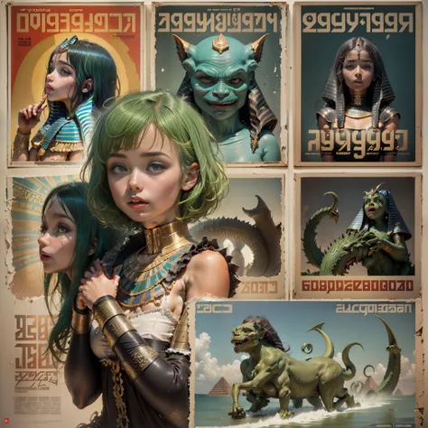 ((cccp poster, soviet poster)) ((( a ancient egyptian girl, with short green hair, riding a wild angy monster))) propaganda post...