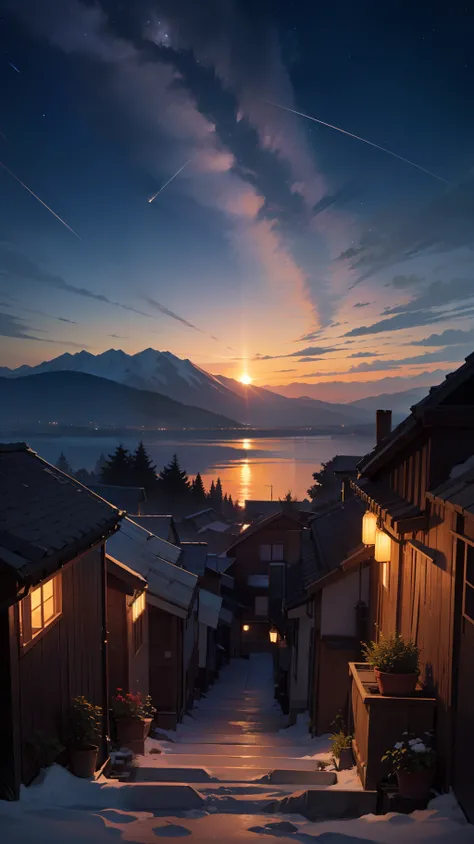 A charming wallpaper depicts a mountain at sunset, with a gentle gradient between day and night. The starry sky adds a magical touch to the scene, while small houses lit up around the mountain emanate a warm glow. Ahead, a wide lake reflects the colors of ...