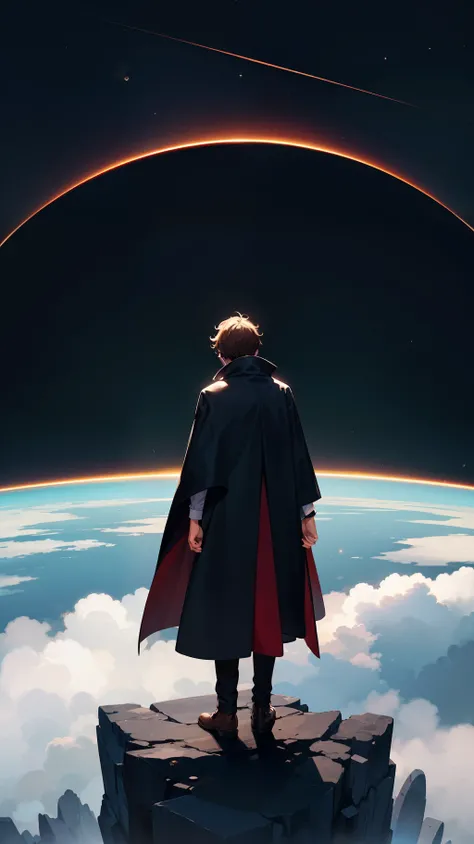 Man wearing cloak and cloak, with his back on top of a mountain, watching gigantic Saturn in the sky