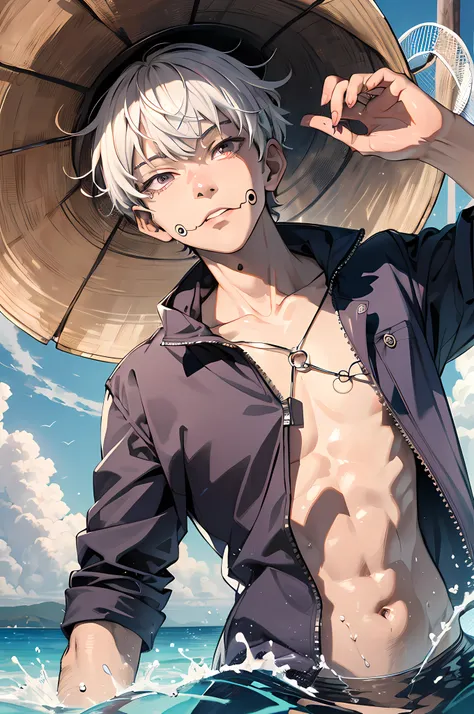 (absurdres, highres, ultra detailed, HDR), masterpiece, best quality, 1boy, solo, handsome, short hair, i((numaki toge)), ((facial tattoo)), white hair, closed mouth, open shirt, swim trunks, beach, clear sky and horizon, sunny, windy, from below