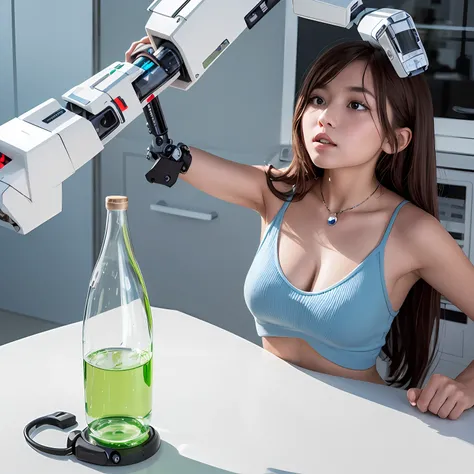 A clear glass bottle with a friendly robot inside with one arm sticking out of the neck and out of a beautiful girl trying to get the robot out of the bottle --auto