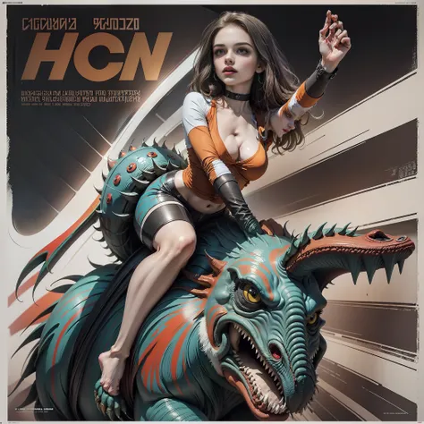 ((CCCP Poster, Soviet Poster)) ((( a beautiful , girl, withe hair))), (((( riding a wild angy monster)))) propaganda Poster, Poster design, poster art style. 1940s, 1950s, 1960s, basic colour scheme, Very colourful poster, colour art, thirds rule, inspirin...