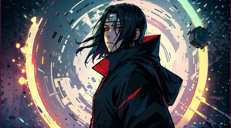 uchiha itachi atravessado um portal, tons suaves, cores calmas, (realista), detalhado, obra-prima, 8k, melhor qualidade, detalha...