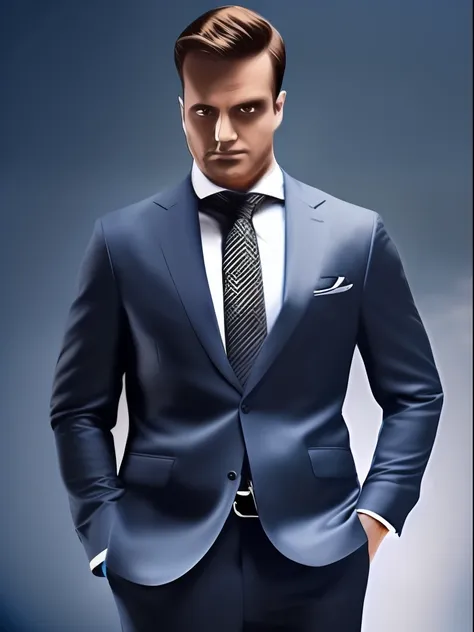 the image depicts a confident and serious man looking forward, vestido elegantemente com um terno preto, transmitindo uma aura a...