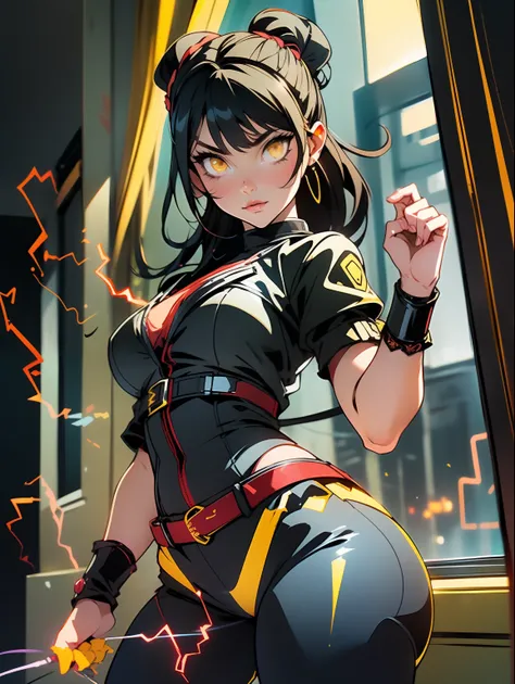 ((Melhor qualidade)), ((obra-prima)), (detalhado: 1.4), (Absurdo), princesa furiosa, ((Action Pose)), usando vestido curto vermelho com ornamentos bronze))), sculptural body with defined muscles, boca fechada, muscular body covered by a Hoyoverse style te...