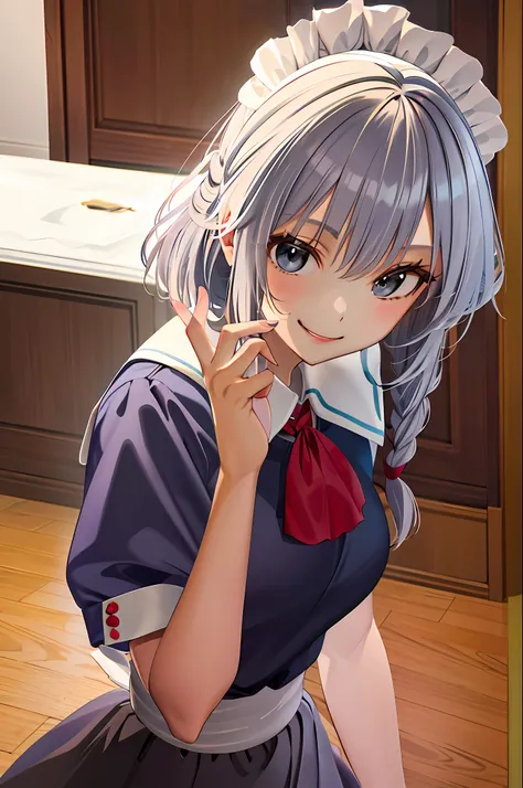 Masterpiece、, sthe highest qualit, Hi-Res, 1女の子, solo, サクヤ1, maid, Upon, Gray hair, sailor-uniform,smileing