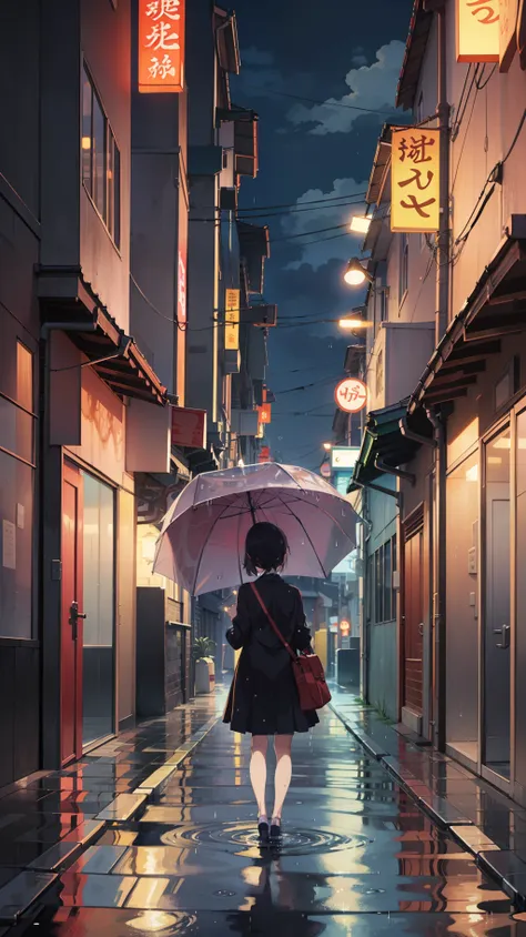 anime girl standing on a wet street in the rain, splash art anime loli, anime atmospheric, anime scenery, anime girl walking on ...