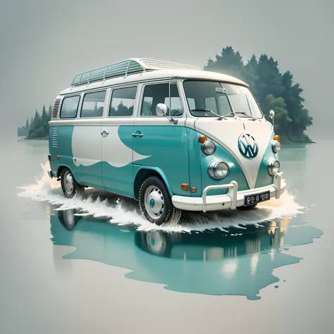 graphic design, flat design, vw kombi 1968 off-road, passing through a river. watercolor splashes, highly detailed clean, photor...