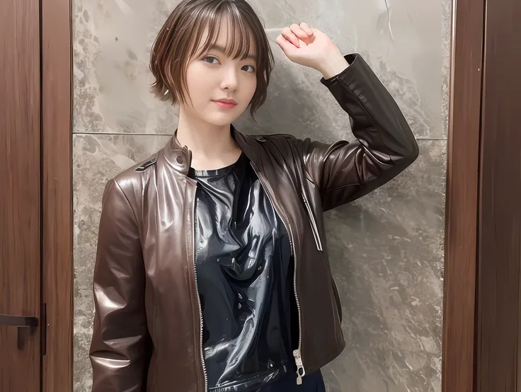 the leather jacket is wet、(((blouse is wet)))、((((clothes are wet))))、((clothes with water))、((clothes that get wet and stick to...