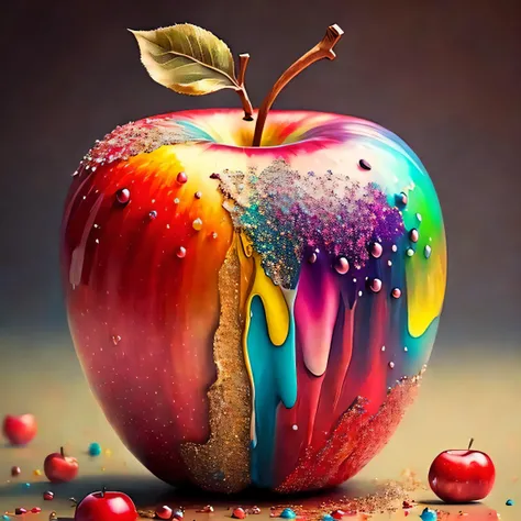 a sprinkled apple sitting on top of a table, hyper realistic digital painting, colorful hyperrealism, amazing food illustration, blender apple, amazing food photography, hyper realistic oil painting, hyper realistic color photo, ultrarealistic oil painting...