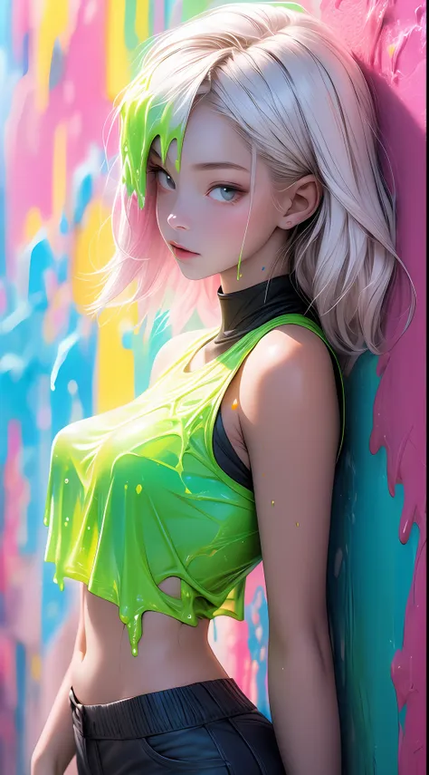 (paint splashes)，colorful color of the glow，lamplight，the girl，look at the camera，slime girl，flowing tank top shorts，against the...