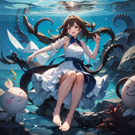 girl wearing a blue and white dress on the seabed amid giant tentacles (hiperdetalhado 1.3) 8k, solar reflections in water, oequ...