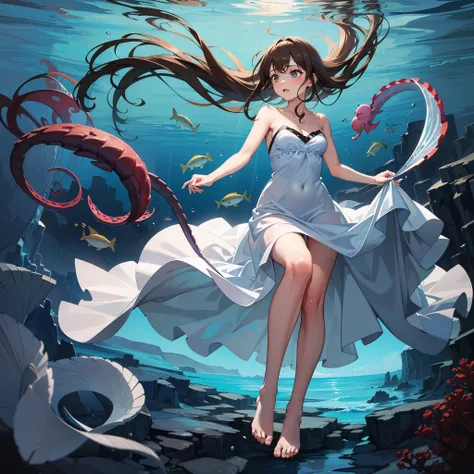 Girl wearing a blue and white dress on the seabed amid giant tentacles (hiperdetalhado 1.3) 8k, solar reflections in water, oequenos cardumes de peixe em volta dos personagens, brown hair floating in water, Dress details float on water, bare foot