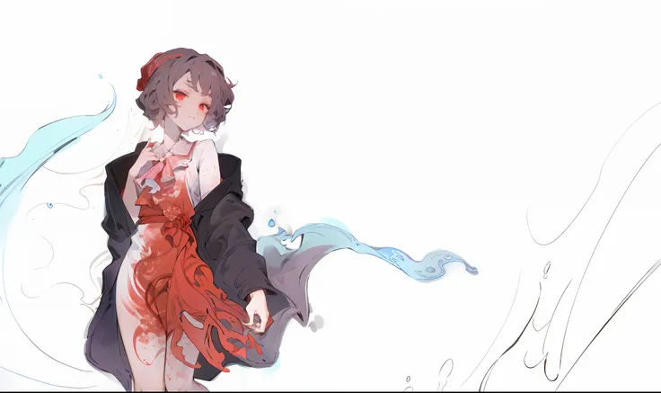 Masterpiece、,the best quality t,painterly,
(watercolourpainting:1.3),(shukezouma,negative space:1.6),
(ink heart、ink wash、ink wash、Chinese ink painting:1.5),
a girl,pretty,
complex eyes,red eyes,Ascot,Feather dress,Bare legs,
standding,looking looking a...
