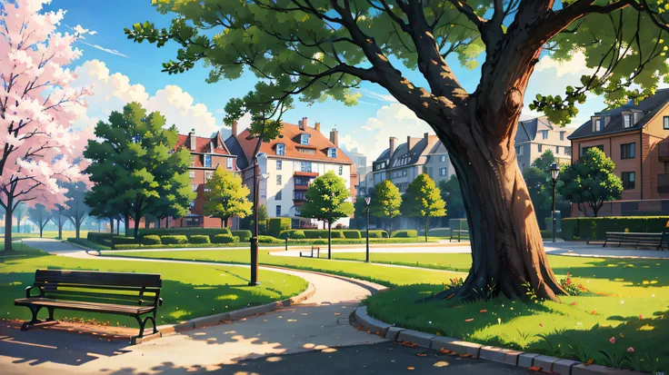 (beautiful cityscape in the style of studio ghibli:1.4), obra-prima de arte, flower beds on sidewalks, trees on some sidewalks, ...