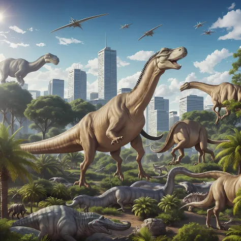 create a prehistoric jurassic landscape with real dinosaurs of various species in a modern city of tall buildings and with alien...