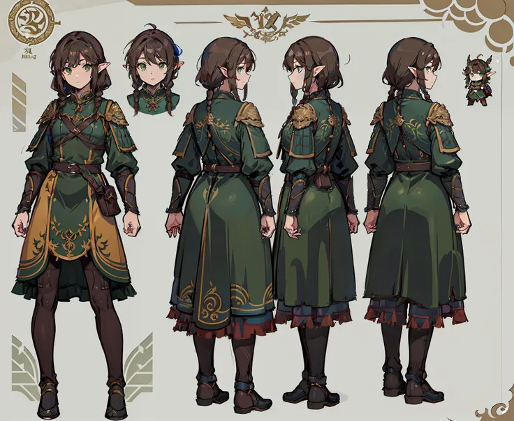 1woman, reference sheet, matching outfits, (fantasy character design, front, back, side, rear) elven ranger. agile body, subtle ...