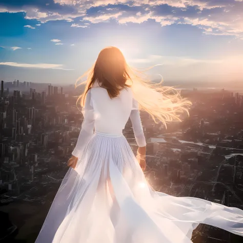 Arafine woman in a long dress standing on a ledge overlooking the city, beautiful girl on the horizon, wearing a white flowing dress, wearing a flowing dress, looking out over the city, looking at the city, flowing dress, flowing white dress, soaring over ...