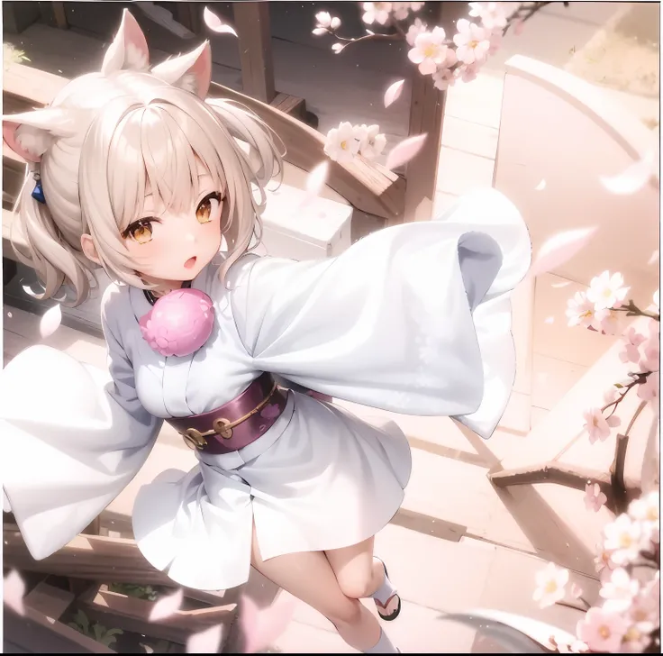 Anime girl wearing white dress,Holding a pink ball in his hand, sakura petals around her, ayaka genshin impact, from《Azur lane》video game, ayaka game genshin impact, Shikamimi, ALSO, anime visual of a cute girl, 《Azur lane》role, from arknights, azur lane s...