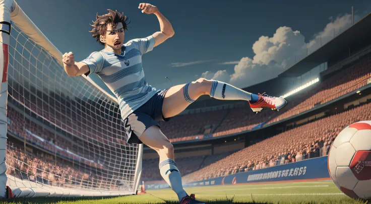 um azul-anthropomorphic anime-style lion playing brazilian fultbool on a soccer field the lion is wearing a light blue and white...