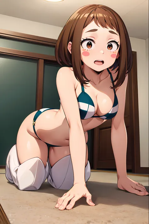 masterpiece, best quality, highres, hmochako, blush stickers, short hair, medium breasts, superhero, revealing, no panties, midr...