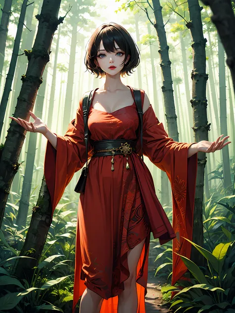 a  girl，highly beautiful，（very, very normal limbs，charming face，detailed eyes，lipstick），standing in the deep forest，deep forest，...