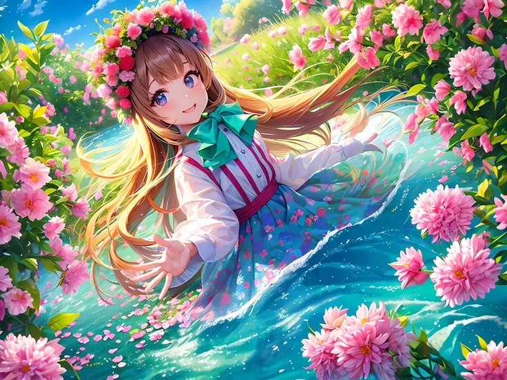 Excellent quality, vibrant masterpiece, high resolution photo, (joy: 1.4), a girl, flowing long hair, a bright smile, vibrant eyes, rosy cheeks, colorful dresses, blooming flowers, sunny scenes, bright lighting, clear sky, (playful pose), carefree atmosphe...