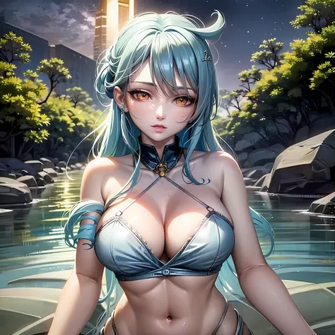 anime girl with blue hair and intense yellow eyes in a body of water, 2. 5 d cgi anime fantasy artwork, anime style 4 k, detailed digital anime art, seductive anime girl, beautiful alluring anime woman, digital anime art, anime fantasy artwork, advanced di...
