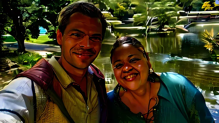 smiling couple taking selfie in front of a lake with trees, thomas anthony e malika favre, malika favre, direction: nandor soldi...