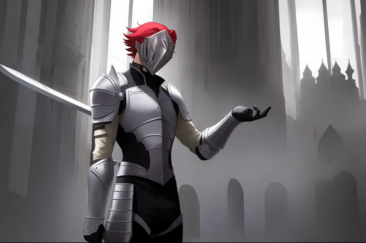 (melhor qualidade, obra-prima, illustration:1.1), 1boy, cavaleiro masculino, armadura de metal completo, cabelo vermelho, olhos cinzentos, segurando espada, castelo, side lighting, (tiro de cowboy: 1.2),