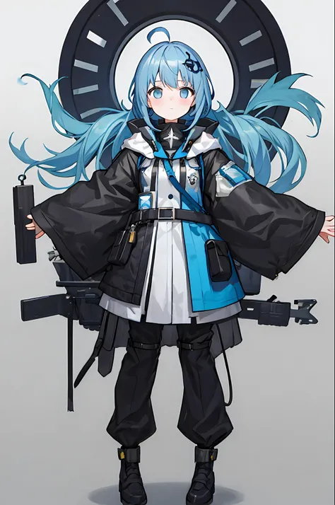 masterpiece,high zuality, a girl, bluegray hair,bangs,hair,ornament,ahoge,complex cloth,arms at sides,[upright],virtual youtuber,[[blush]],concept art, solo,1girl,cowboy shot,full body,looking at biewer,white background,simple background