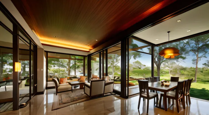 Interior design, amazingly detailed wide angle architectural photography, cozy designer living room (warm bright sunlight 1:0.1), award-winning contemporary interior design, landscape, table, chair, interior, hardwood floor, window, restaurant, east asian ...
