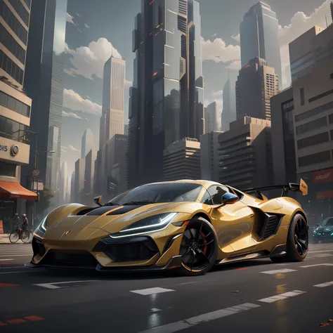 (high definition, 9k) a futuristic sports car on the street of a futuristic cityscape with skyscrapers with glass