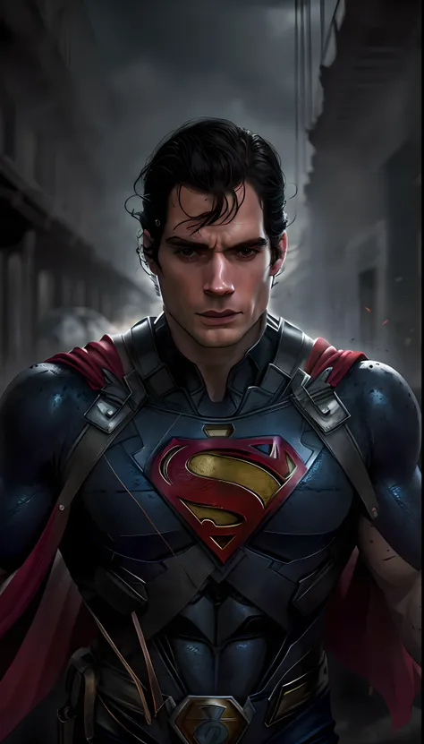 henry cavill como superman, 40s year old, todos os detalhes pretos e vermelhos terno, big s symbol on the chest, capa vermelha, ...