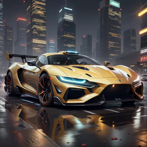 (high definition, 9k) a futuristic sports car with neon headlights on the street of a futuristic cityscape with skyscrapers with...