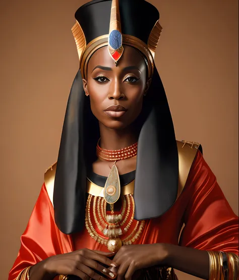 a realistic detail of a beautiful black female model wearing an egyptian pharaoh goddess costume, royal egyptian clothing, mediu...