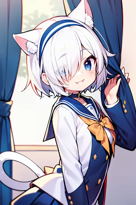 Meisterwerk, Best, 1girl, White Hair, Midi Hair, Cat Ear, Looking at the viewer, :3, Cuties, scarf,,, blazer, WHITE BACKGROUND,fang, high qualitt, UHD Arona,Hair Over One Eye,Hair above the right eye,white hairband,bow hair band,aura,ple short hair,bacsing...