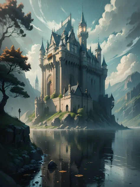 there is a painting，the painting is a castle on a hill with a river, inspired by raphael lacoste, illustration matte painting, s...