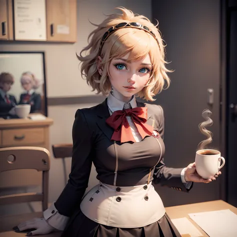 a close up of a cartoon of a woman holding a cup of coffee, junko enoshima, danganronpa, chiaki nanami, danganronpa, menina anim...