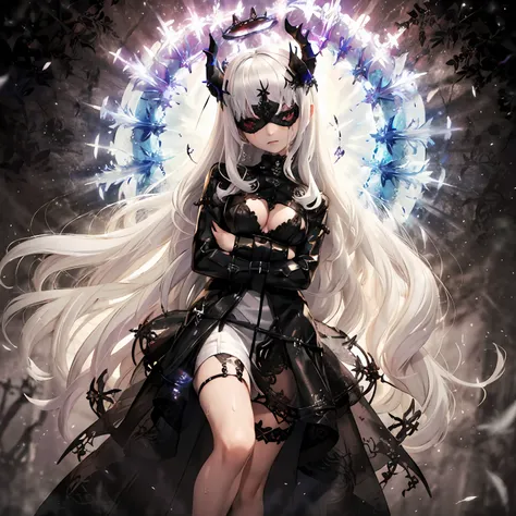 masterpiece, best quality, ultra-detailed, backlighting, 1girl wearing a halo mask, (from below), full body, standing, floating, very long hair, disheveled hair, wet hair, demon horns, (white hair), expressionless, white gothic dress, lace trim, small brea...